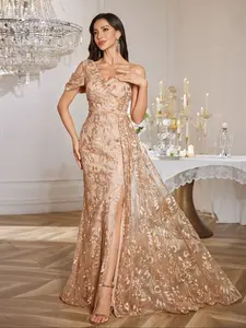 Women's V Neck Single Shoulder Sleeve Asymmetric Fitted Bodycon Embroidered Maxi Dress, Elegant Formal Evening Party Gown, Random Cut Design