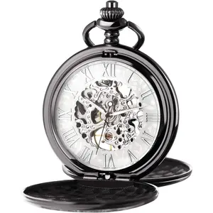 Men's Mechanical Skeleton Pocket Watch for Mens Women Blue Roman Numerals Dial Double Case Pocket Watches