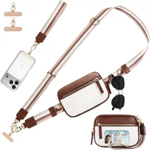 Clip and Go Strap For Phone with Leather Wallet Crossbody, Adjustable Phone Lanyard with Slim Detachable RFID Wristlet Wallet and 2 Phone Wrist Strap, For Daily Life & Travel, Coffee Brown