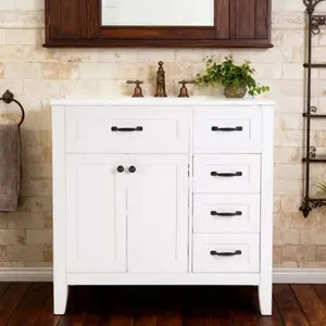 36 Inch White Bathroom Vanity with Black Hardware Solid Wood Frame Double Door Storage Three Drawers Soft Close Glides Freestanding Single Sink Cabinet Modern Transitional Style Vanity Unit with Groove Detailing