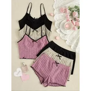 6 Counts?Women's Contrast Binding Crop Cami Top & Bow Decor Shorts Pyjama Set, Lettuce Trim Camisole & Shorts PJ Set, Comfy Loungewear Set for Women（gift）