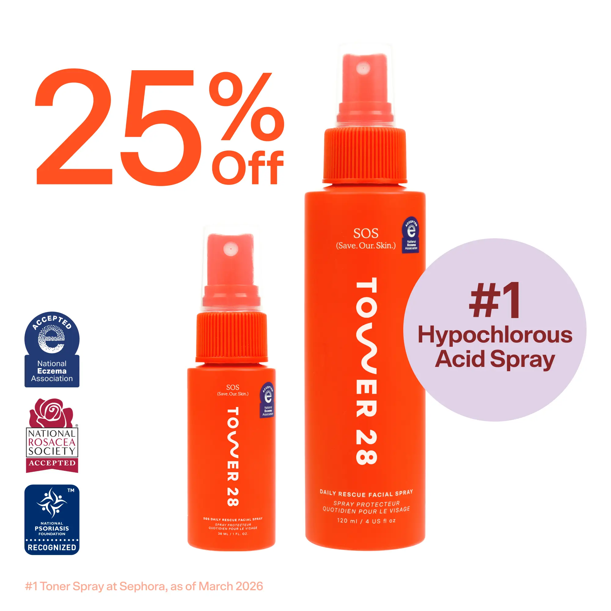 Tower 28 Beauty SOS Rescue Spray 4oz Daily Sensitive Skin Toner with Hypochlorous Acid for Redness & Irritation Relief Alcohol-Free All Ages - Intensive
