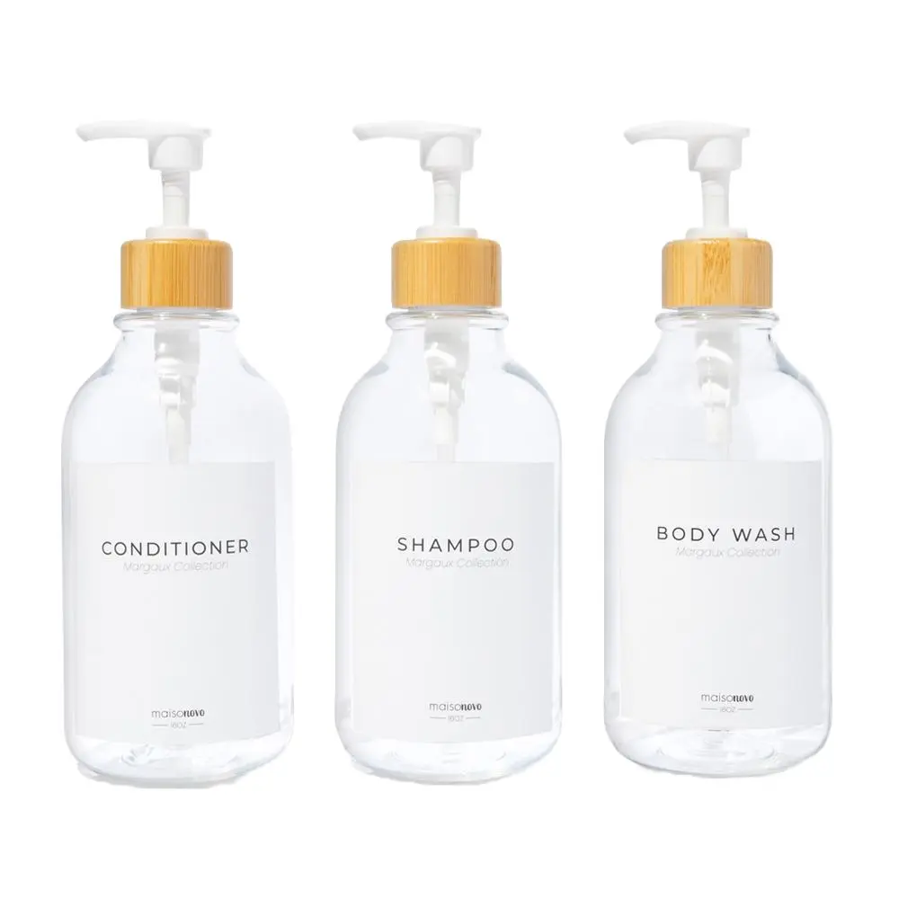 MaisoNovo Refillable Shampoo and Conditioner Bottles | 16.9 fl oz Set of 3 Clear Plastic Bottles White Bamboo Pumps