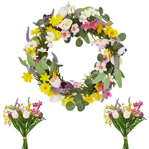 Charming Spring Tulip & Lavender Wreath - Artificial Floral Wreath with Greenery, Real Rattan, 2 Bouquets, Perfect for Door, Porch, Home Decor, Year-Round Display