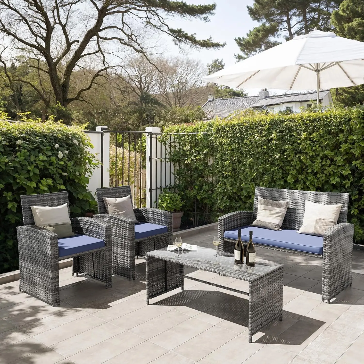 【Summer Sale】UDPATIO 4-Piece Patio Furniture Set, Rattan Outdoor Sectional Sofa with Cushions & Tempered Glass Table, Waterproof Lounge Set for Garden Backyard Pool Patio Conversation Set,outdoorfurnitureset