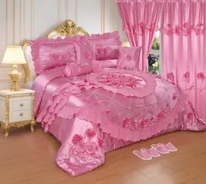 Luxury Frilly Embroidered Rose Comforter Set King - Ruffled Edges, Soft, Elegant Coordinated Decorative Bedding Set with Blanket, Romantic Bedroom Accessories, Girly & Aesthetic Room Decor for Gifting