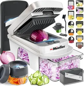 Mueller Pro-Series All-In-One, 12 Blade Mandoline Slicer for Kitchen, Food Chopper, Vegetable Slicer and Spiralizer, Cutter, Dicer, Grater, Kitchen Gadgets Sets with Container, White Sand/Gray Mueller Austria