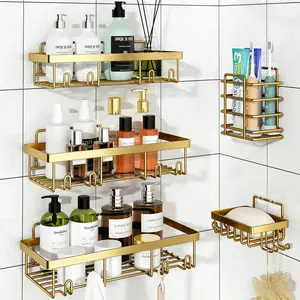 2026 Minimal Bits New 5-Piece Gold Set Caddy Shower Storage Self-Adhesive Stainless Steel Shelf No Drilling Required Rust-Resistant Bathroom Decor Accessories Pink Shampoo Body Wash Basket Showerhead Holder Installation Minimalist Hollow