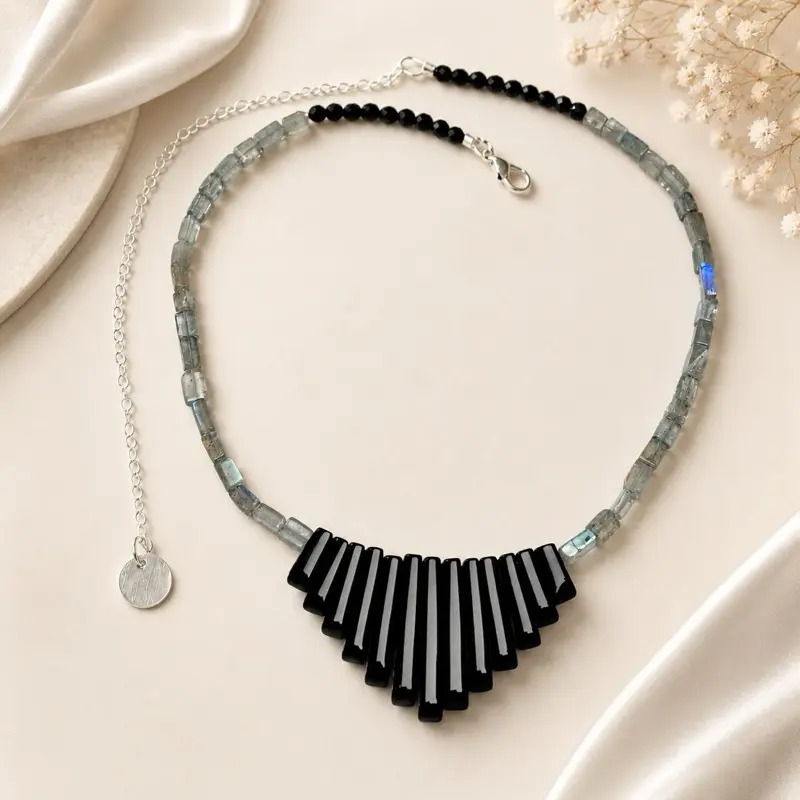 Handcrafted Semiprecious Stone Necklace - Onyx, Spinel, Labradorite Gemstones, Sterling Silver Findings