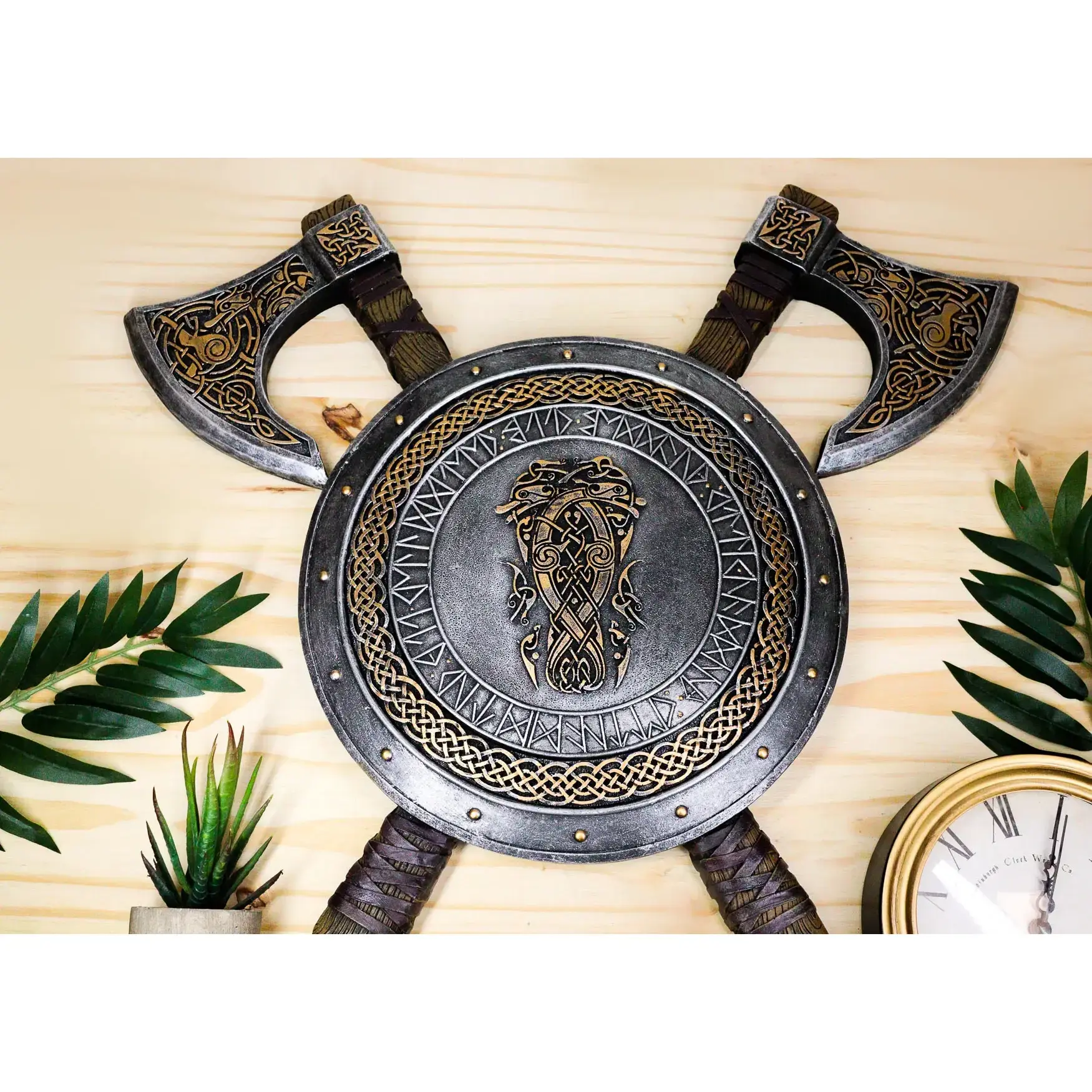 Ebros Gothic Viking Warrior Coat of Arms Wall Decor Plaque, Ragnar Serpent Shield With Crossed Axes