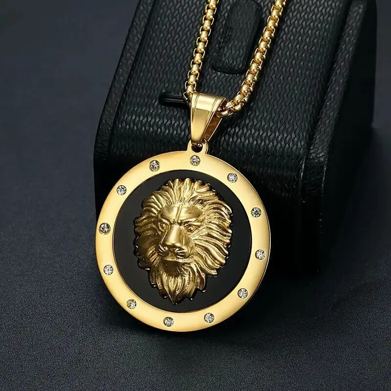 MaxBling81 Pendant Necklace, Hip Hop Lion Head Medallion with CZ Stones, Unisex Gold-Tone Stainless Steel on a 24-Inch Large Rolo Chain, Gold-Tone Medallion Necklaces, Necklaces Large Chain