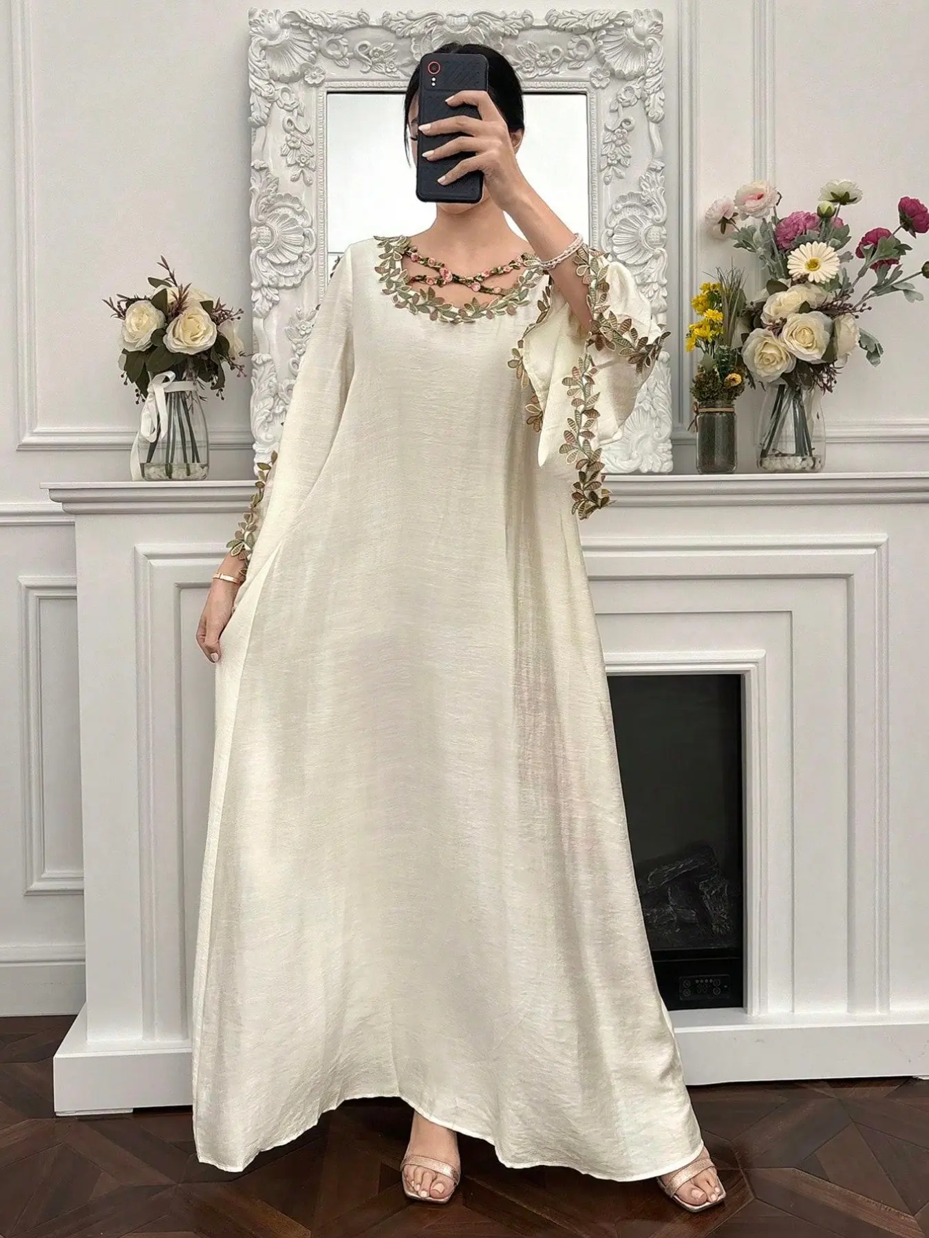 Women's Loose Long Sleeve Arabic Style Casual Chic Boho Flowy Dress, 3D Lace Applique and Cross Design, Fashionable Comfortable Fabric, Middle East Ramadan Clothing, Boho Casual Comfy, Womenswear