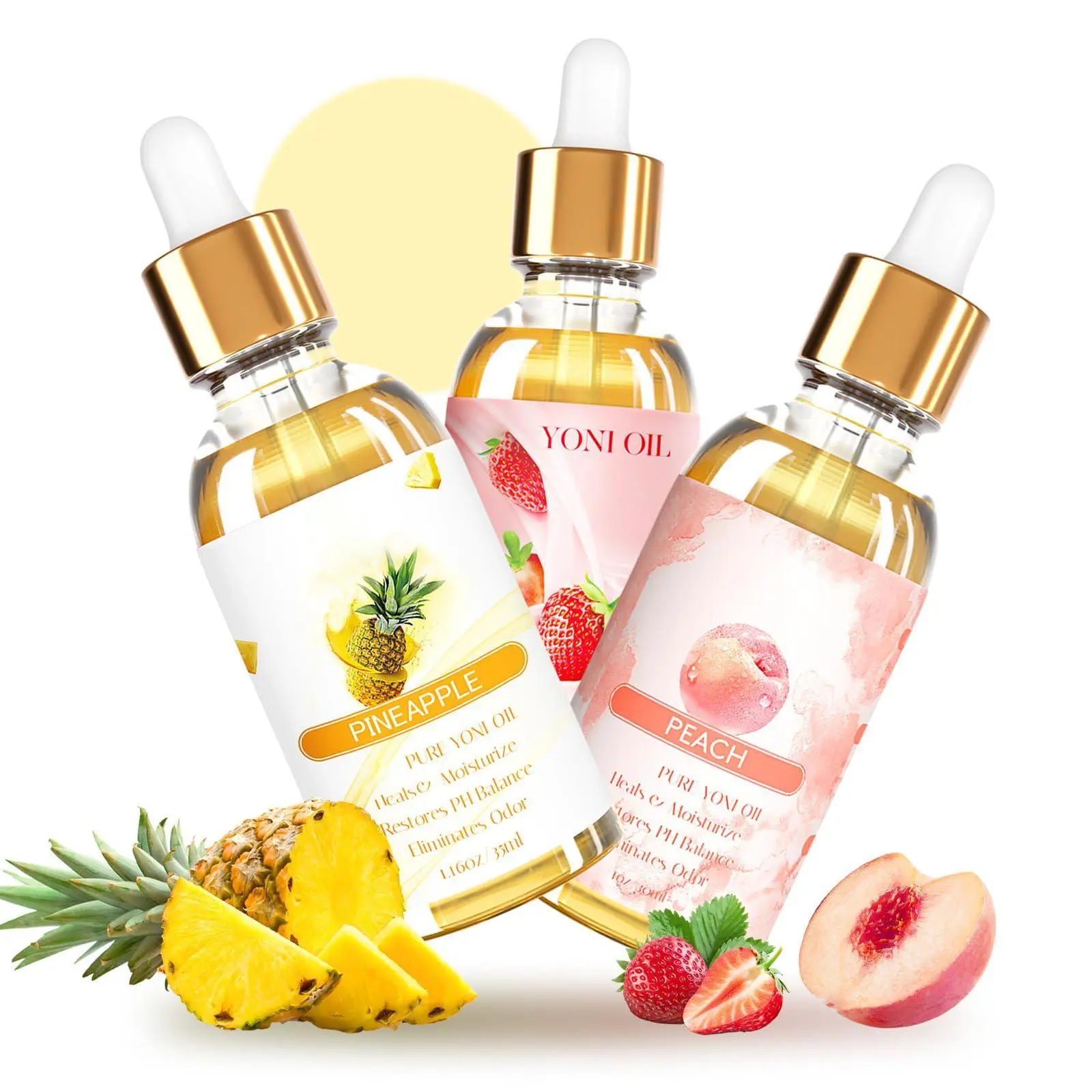 Organic Yoni Oil for Women | PH Balance & Odor Elimination | Natural Peach, Strawberry & Pineapple Essential Oils | 1 fl oz Each Body Care