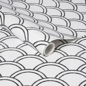 Opalhouse Scallops 198"x20" Peel and Stick Wallpaper Playful, Black/White