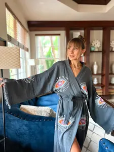 Stone Printed Muslim Kimono, Organic Cotton Handmade Caftan Robe, Boho Natural Gauze Dressing Gown, Soft Home-wear,Cozy Long Bathrobe