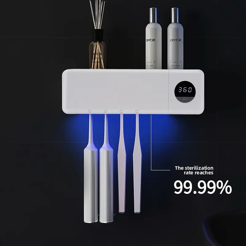 UV-C Rechargeable Wall Mounted Toothbrush Sanitizer with Fan Drying & LED Display for Bathroom, 4 Slots & Timer Function, Intelligent Sensing for Hygienic Environment - Light