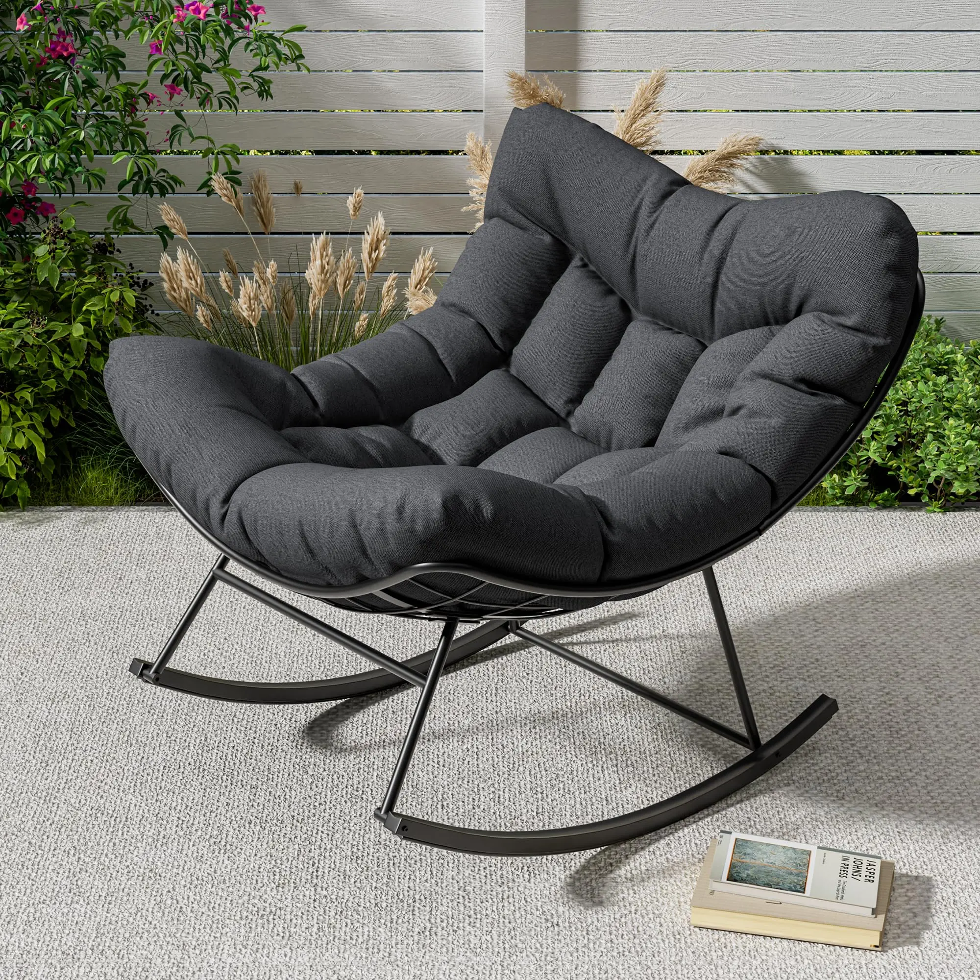 Outdoor Rattan Egg Rocking Double Papasan Rocker Chair - Sturdy Frame Outdoor Chairs, Durable Oversized Lounge, 40x28x34", Ideal for Front Porch, Balcony