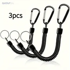 3 Pack Black Coiled Retractable Keychain Set with Carabiner Ring, 15lb Test Strength Steel Wire Inside Heavy Duty Stretchable Key Holder, Secure Easy Carry for Camping Hiking Fishing Outdoor Adventures