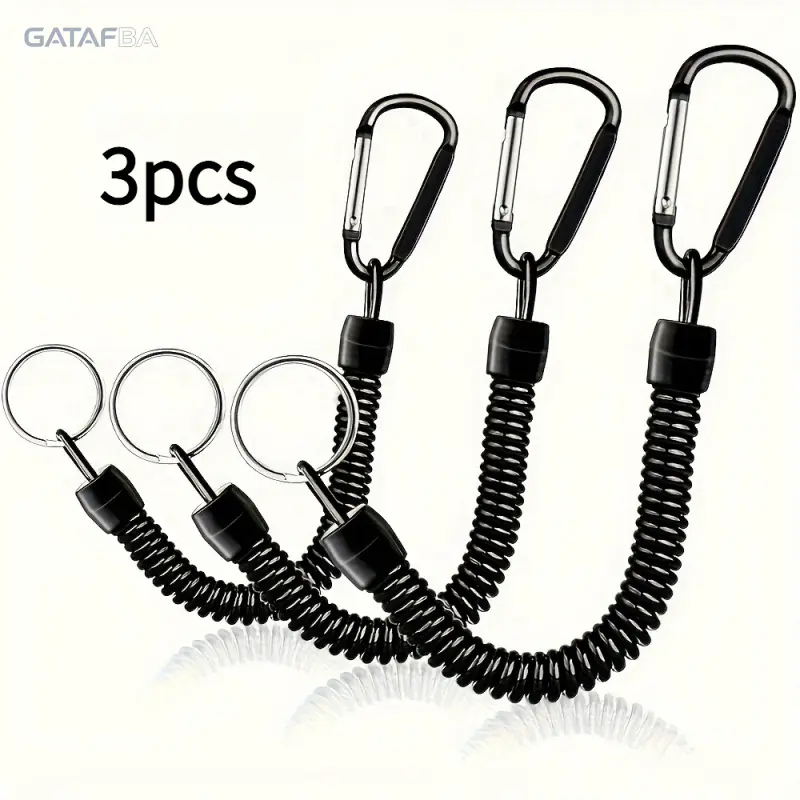Heavy Duty Coiled Retractable Keychain Set (3-Pack, Black) - Sturdy Steel Wire (15lb Test Strength), Expandable Holder with Carabiner Keychain Clip, Split Ring for Camping, Hiking