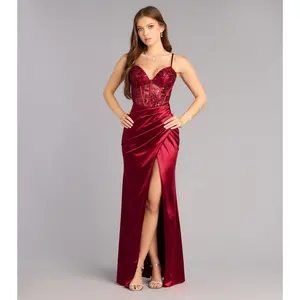 Jaylene Satin Corset Slit Formal Dress