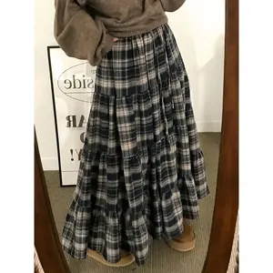 Plaid patchwork pleated long skirt, vintage college casual style, Korean Y2K cute girl versatile skirt, spring summer fashion