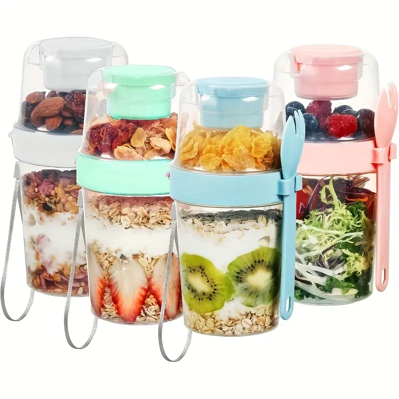 4-Pack Large 27-Oz BPA-Free PP Yogurt Pouches with Leak-Proof Lids, Spoon - Microwave-Safe, Stackable Breakfast Containers with Separate Decorative Compartments for Overnight Oats, Meal Prep