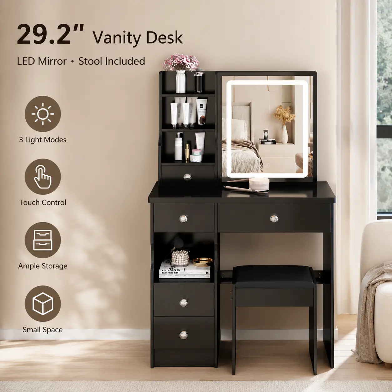 29.2" Compact Vanity Table Set with Sliding LED Mirror, Touch-Control 3-Color Lighting, Adjustable Brightness, Side Drawer Storage, Cushioned Stool Included, Ideal for Small Spaces