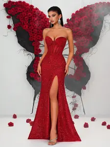 Elegant Women's Sequin Halter Mermaid Maxi Evening Dress, Split Thigh Long Skirt, Perfect for Formal Events, Carpet, High Society