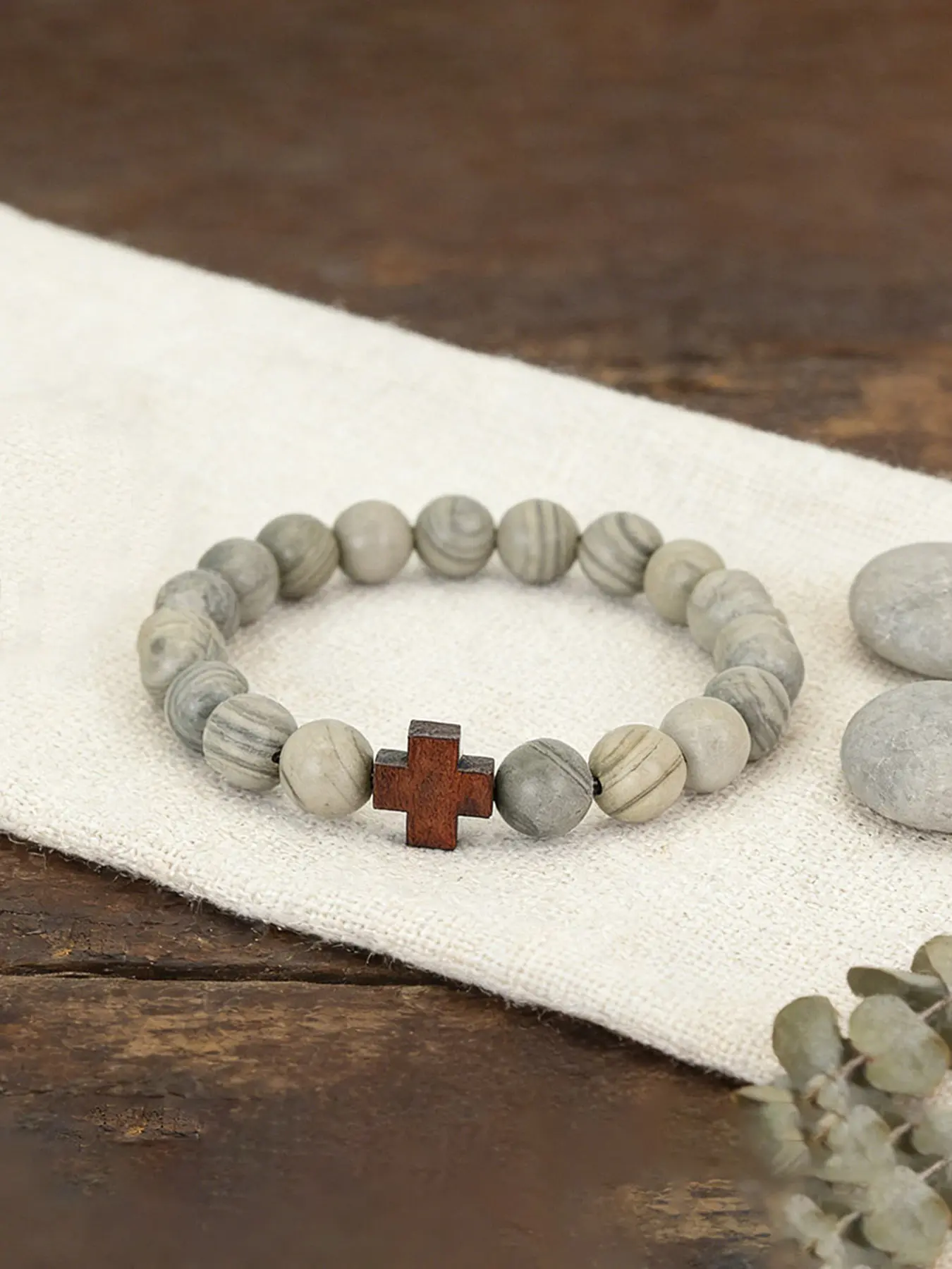 Men's Natural Stone Beaded Cross Bracelet, Beaded Bracelets, Wooden Cross Pendant, Elastic Handmade Prayer Faith Jewelry Gift, Religious Accessory