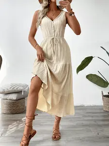 Women's Summer Casual V Neck Sleeveless Maxi Dress Button Front Pleated Elastic High Waist Boho Beach Long Dress summerwins