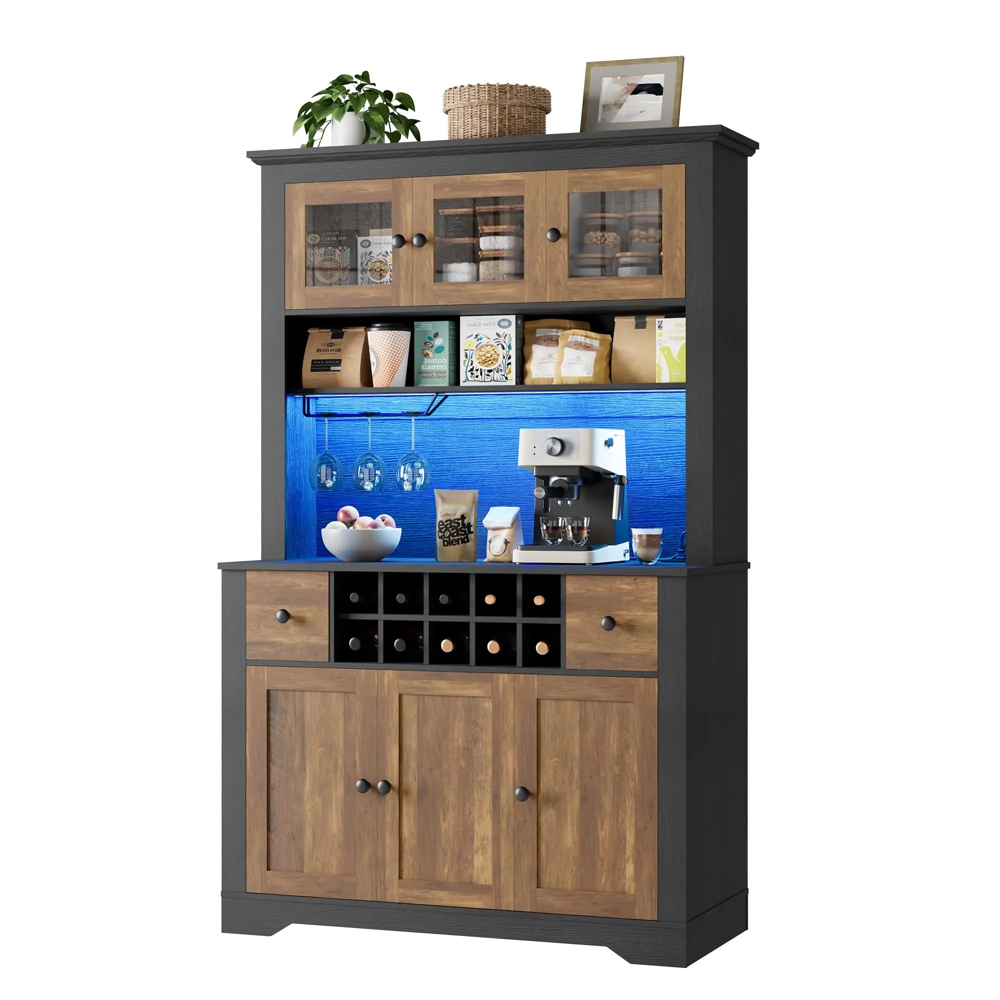 Garvee 68.7" Kitchen Pantry and Coffee Bar Cabinet with LED Light, Charging Station, Power Outlet, Adjustable Shelves, Storage Drawers, Wine Glass Rack, and Countertop for Dining and Living Rooms