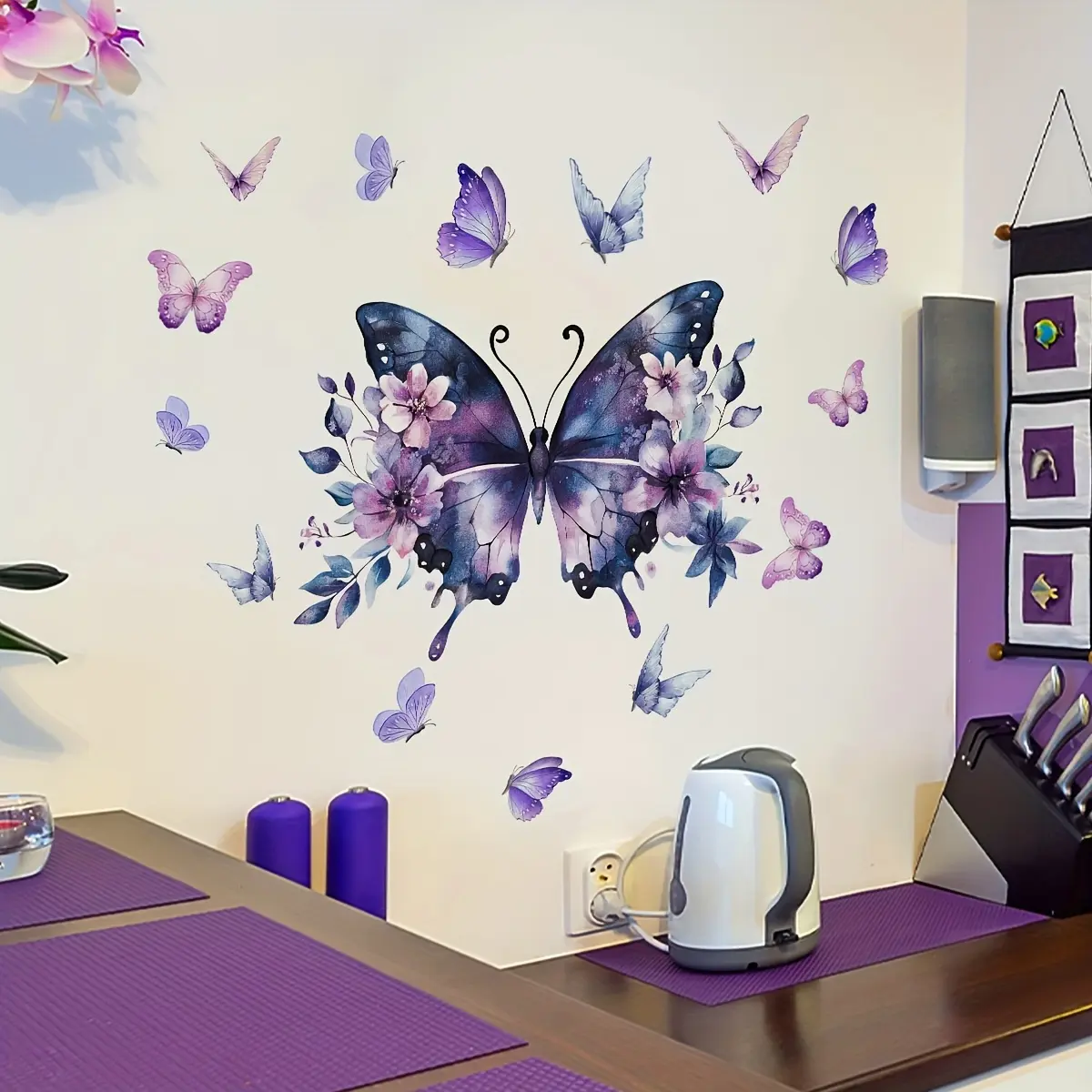 A (30*60cm) dreamy purple butterfly and flower decorative wall sticker, Home Decor, suitable for decorating the background of living rooms, bedrooms, and bathrooms, self-adhesive, Butterfly Stickers, Wall Art Stickers, M12007-YX