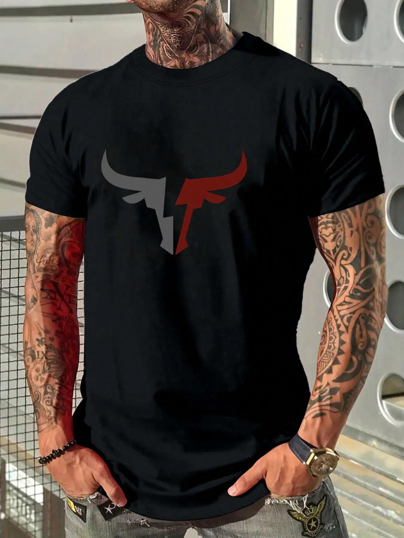 Men's Regular Fit Bull Print Round Neck Tee, Casual Short Sleeve Crew Neck T-Shirt for Daily Wear, Men's Top for All Seasons