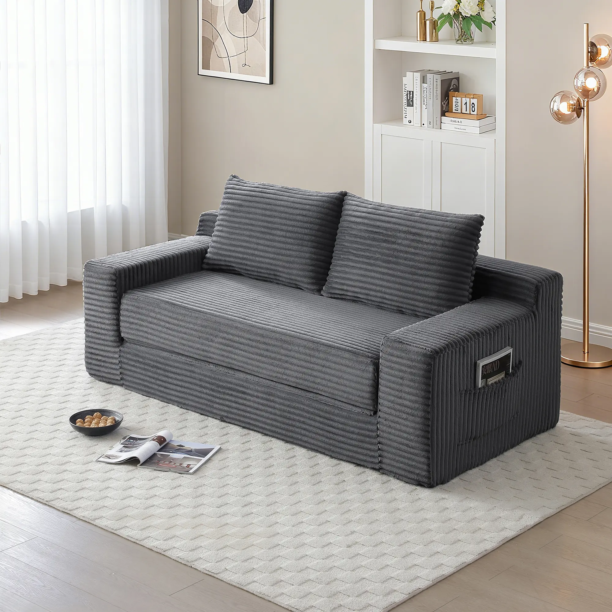 Premium Memory Foam Cloud Loveseat Sofa Bed, 2 in 1 Foldable Convertible Floor Lounge Couch, Vacuum Compressed Corduroy Sleeper Sofa, No Assembly Easy Placement for Small Apartment Bedroom Office Guest Room Daily Rest