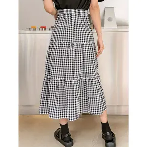 High Waist Gingham Pattern A-line Midi Skirt, Casual Tiered Hem Skirt for Spring & Summer, Women's Clothing