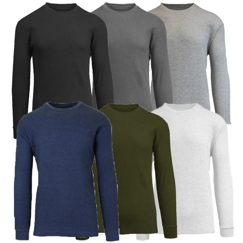 Mens Thermal Shirts (5-Pack) - Men's Waffle-Knit Long Sleeve Crew Neck & Henley, Menswear, Casual, Breathable, Classic Plain Tops
