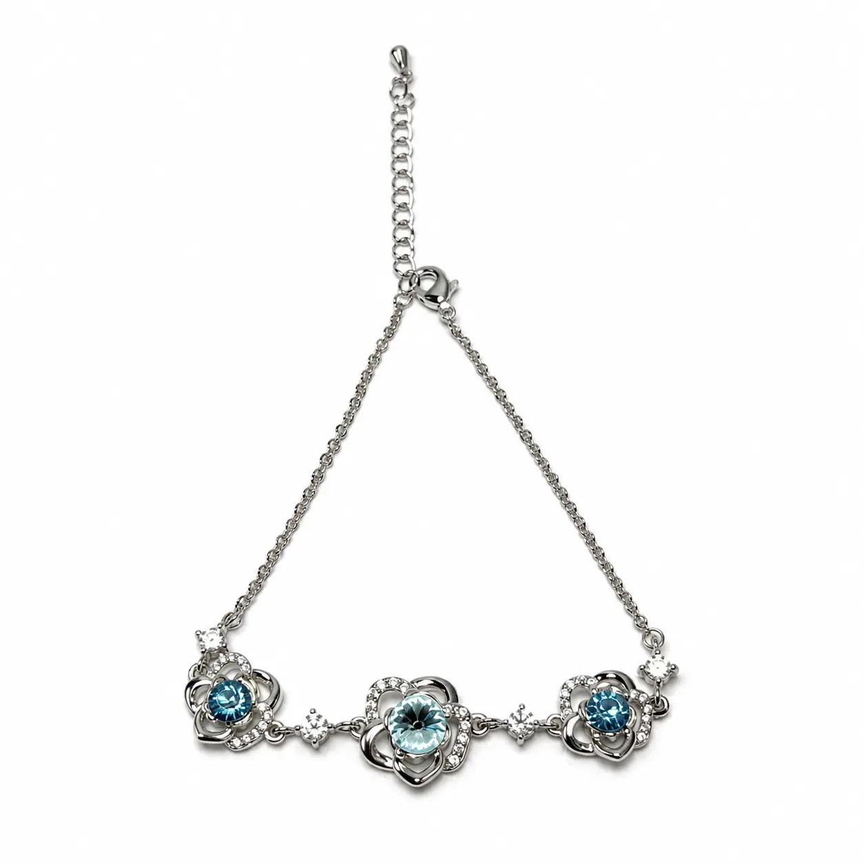 Silver-Tone Triple Flower Chain Bracelet with Blue Center Accents and Adjustable Lobster Clasp for Women