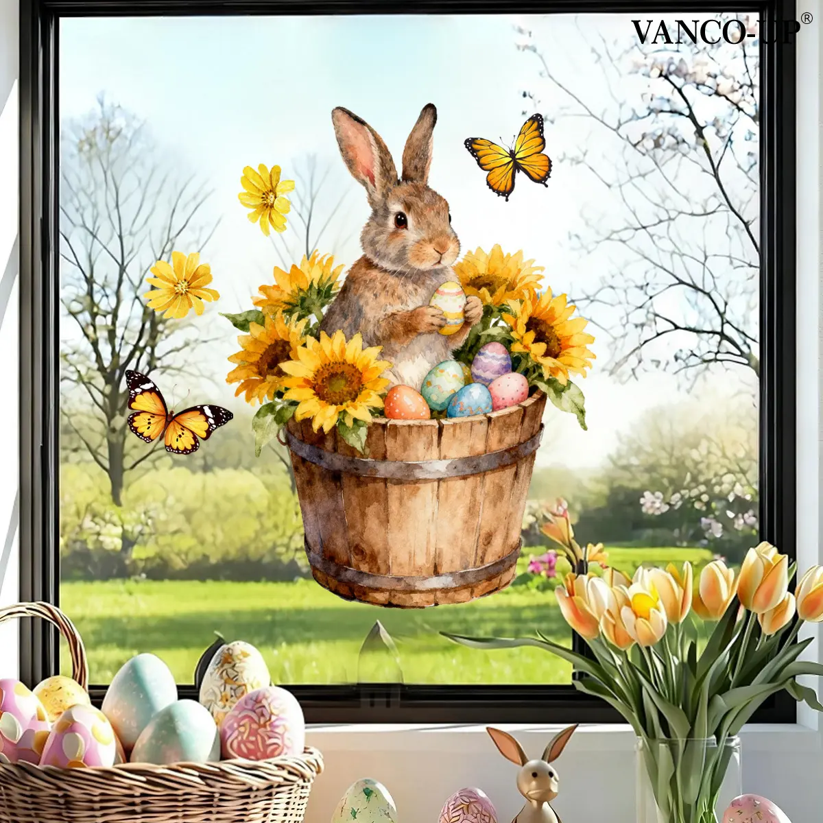 2D flat one (30*40cm) Easter egg, rabbit, sunflower, butterfly window stickers, static adsorption glass window decoration and beautification E21182-NC