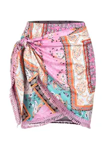 ZAFUL Slit Skirt for Women Boho Print Tie Side Wrap Tassel Casual Beach Mini Skirt