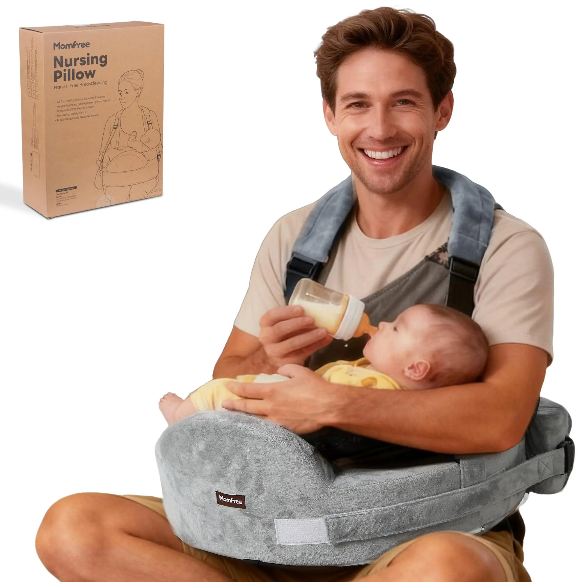 MOMFREE Ergonomic Nursing Pillow with Safety Fence, Wide Secure Cushion Base, Adjustable Breastfeeding Cushion for Parents, Easy-to-Clean Removable Cover