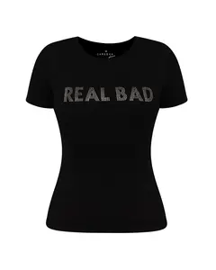 Real Bad – Women’s Black Fitted Baby Tee, Short Sleeve Slim Fit T-Shirt with Embellished Detail, Trendy Casual Summer Top