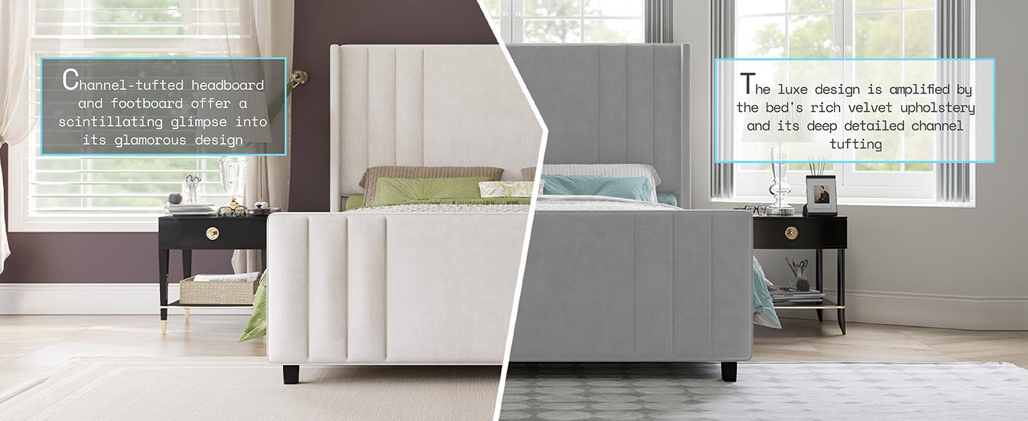 AMERLIFE Upholstered Bed with Vertical Channel Tufted Wingback Headboard & Footboard, Premium Velvet,No Box Spring Needed/Cool Furniture Bedroom/Queen/King Size/Best Gift Ideas/Christmas Gifts