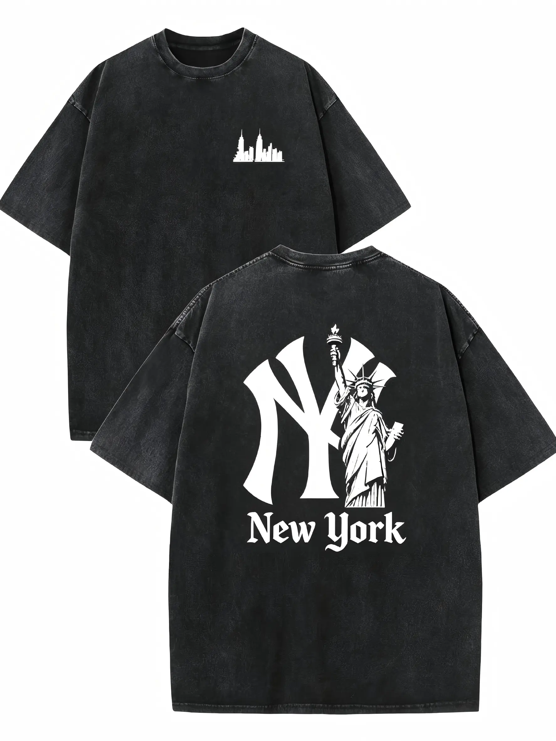Vintage Washed Black New York Themed T-Shirt, NYC Skyline Small Chest Print, Statue of Liberty and NY Logo Back Graphic, Streetwear Short Sleeve Top for City Style Lovers