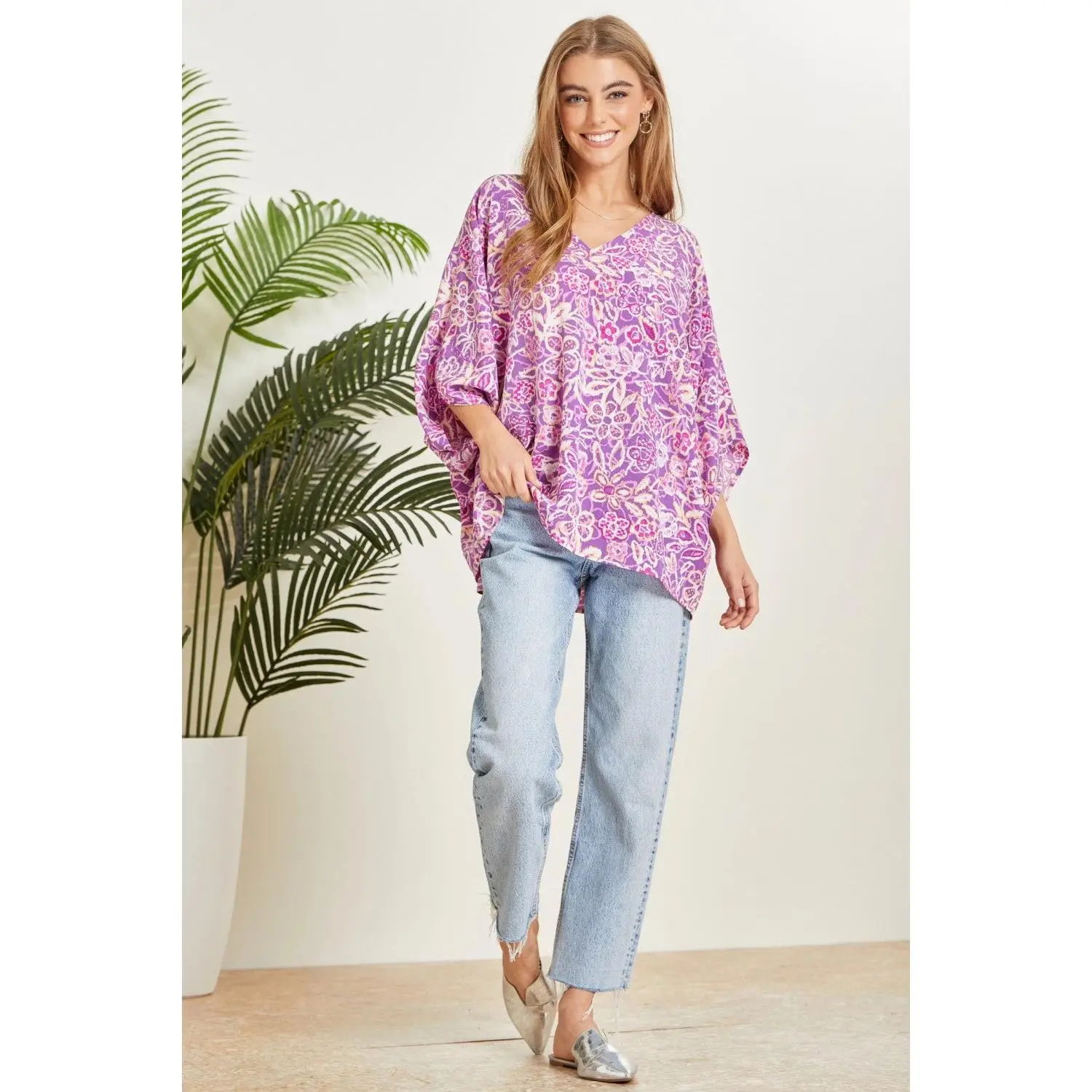 Printed Poncho Woven Top in Orchid
