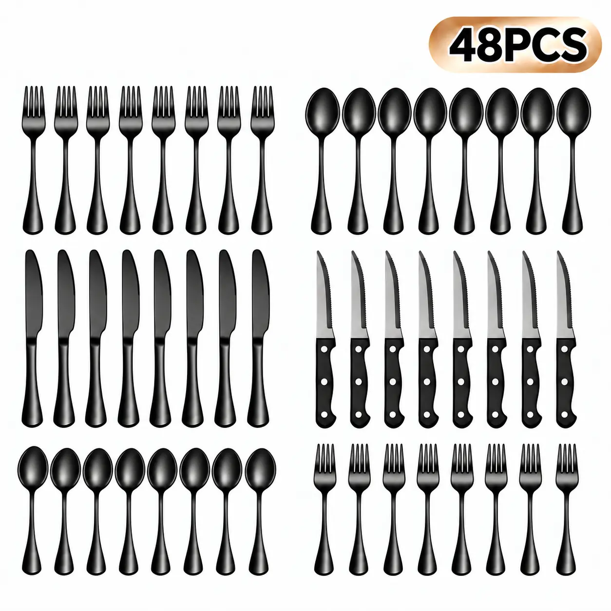 48-Piece Black Stainless Steel Dinnerware Set—mirror-finished tableware, metal cutlery, 8-person dinner set, dishwasher safe, ideal for modern home decor and barbecue gatherings