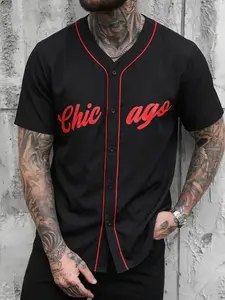 Men's Summer Print Casual Shirt, American Style Daily Commute Fashion Baseball Short Sleeve, Loose-Fitting Letters Pattern