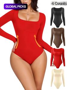women's solid square neck long sleeve shapewear bodysuit, casual comfy tummy control shaper for daily wear, ladies knit shapewear clothing for all seasons, shaper clothes