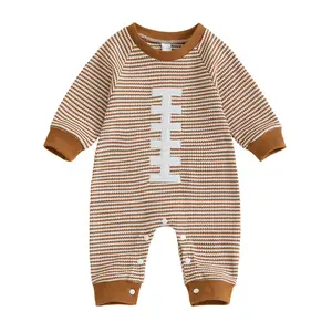 Toddler Baby Boy Football Outfit Rugby Embroidery Striped Long Sleeve Waffle Knit Sweatshirt Tops Jogger Pants 2Pcs Set