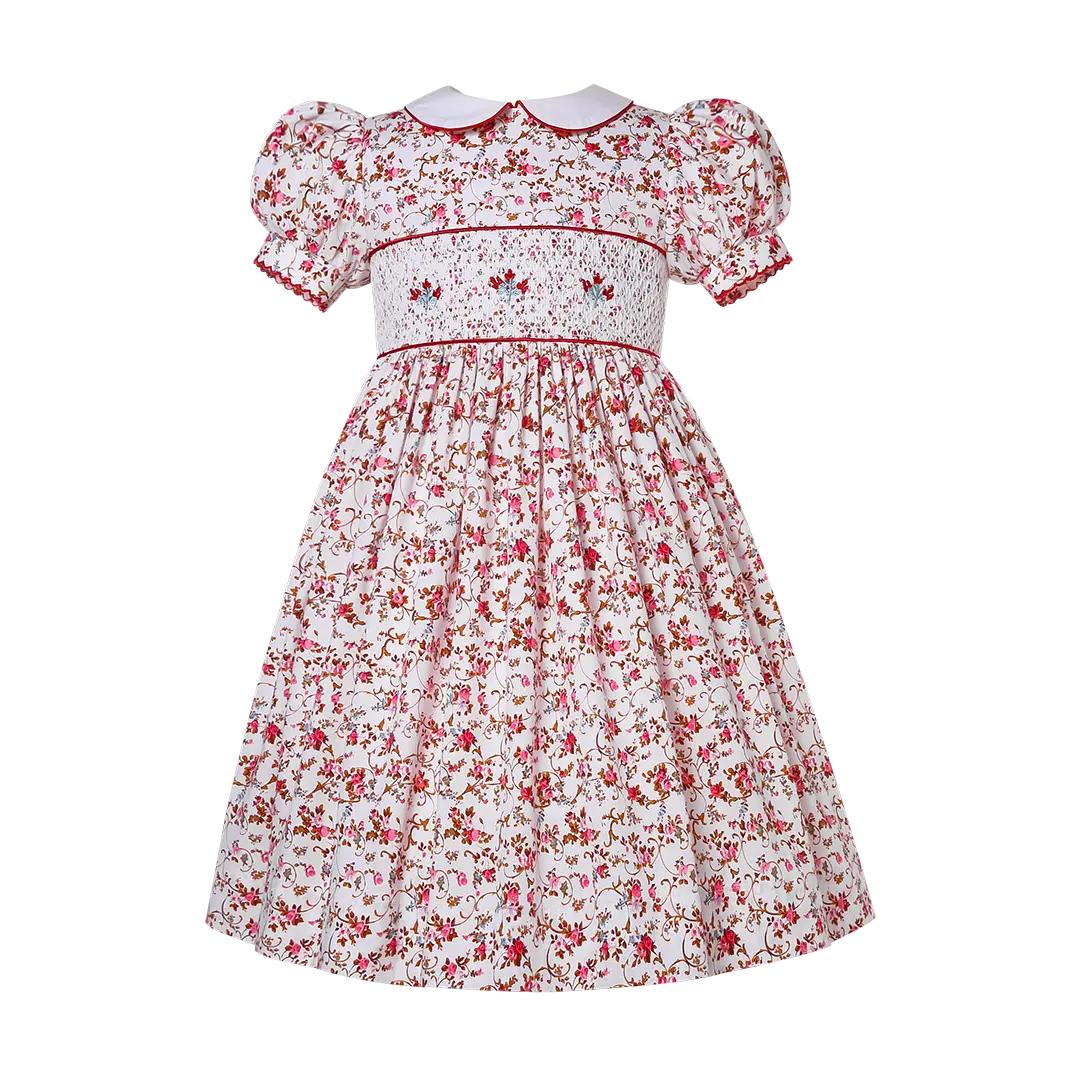 Little Kids Floral Summer Embroidery Smock Clothes Girls Toddler Holiday Birthday Party Smocked Dresses pink  girl