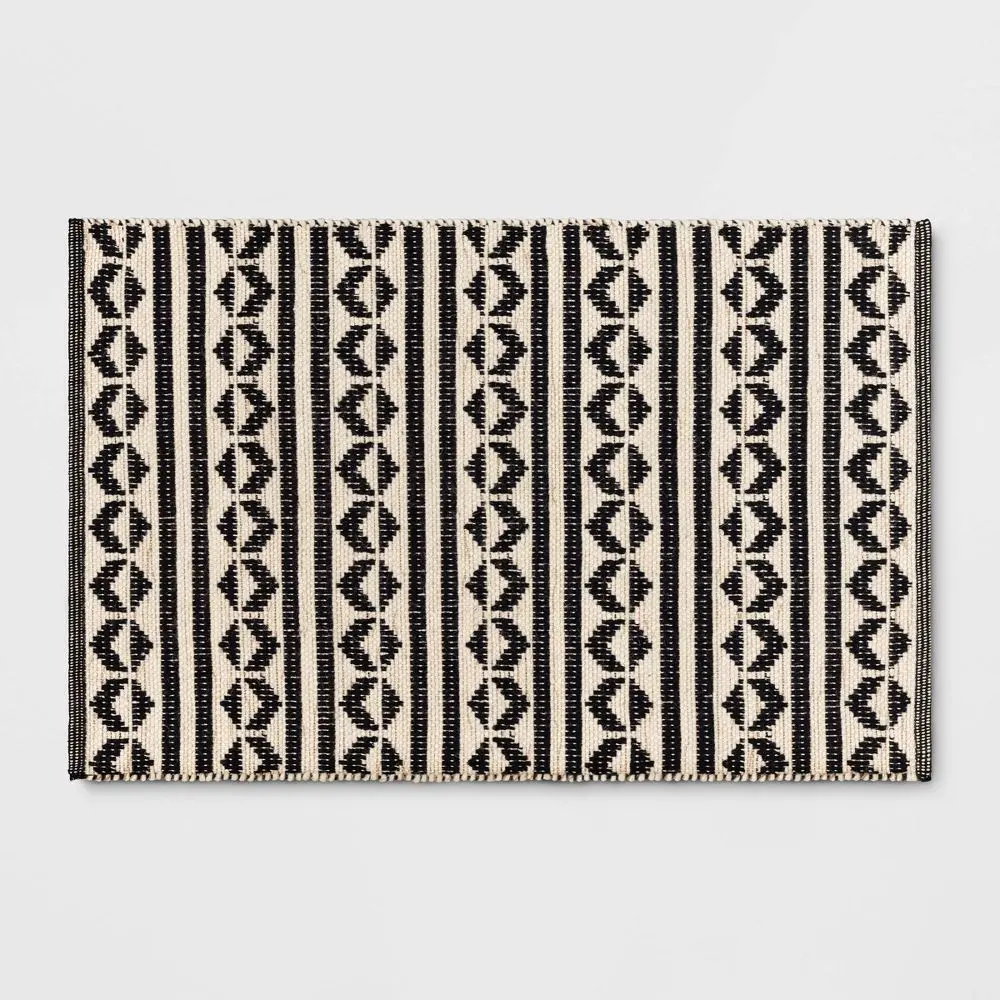 2'6"x4' Geometric Woven Accent Rug Black - Threshold: Handmade Cotton Wool Jute Flat Pile Indoor Rug